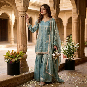 Ensemble Anarkali en soie turquoise brodée avec dupatta, longueur au sol, tenue traditionnelle indienne et pakistanaise pour femmes - Product Image 1