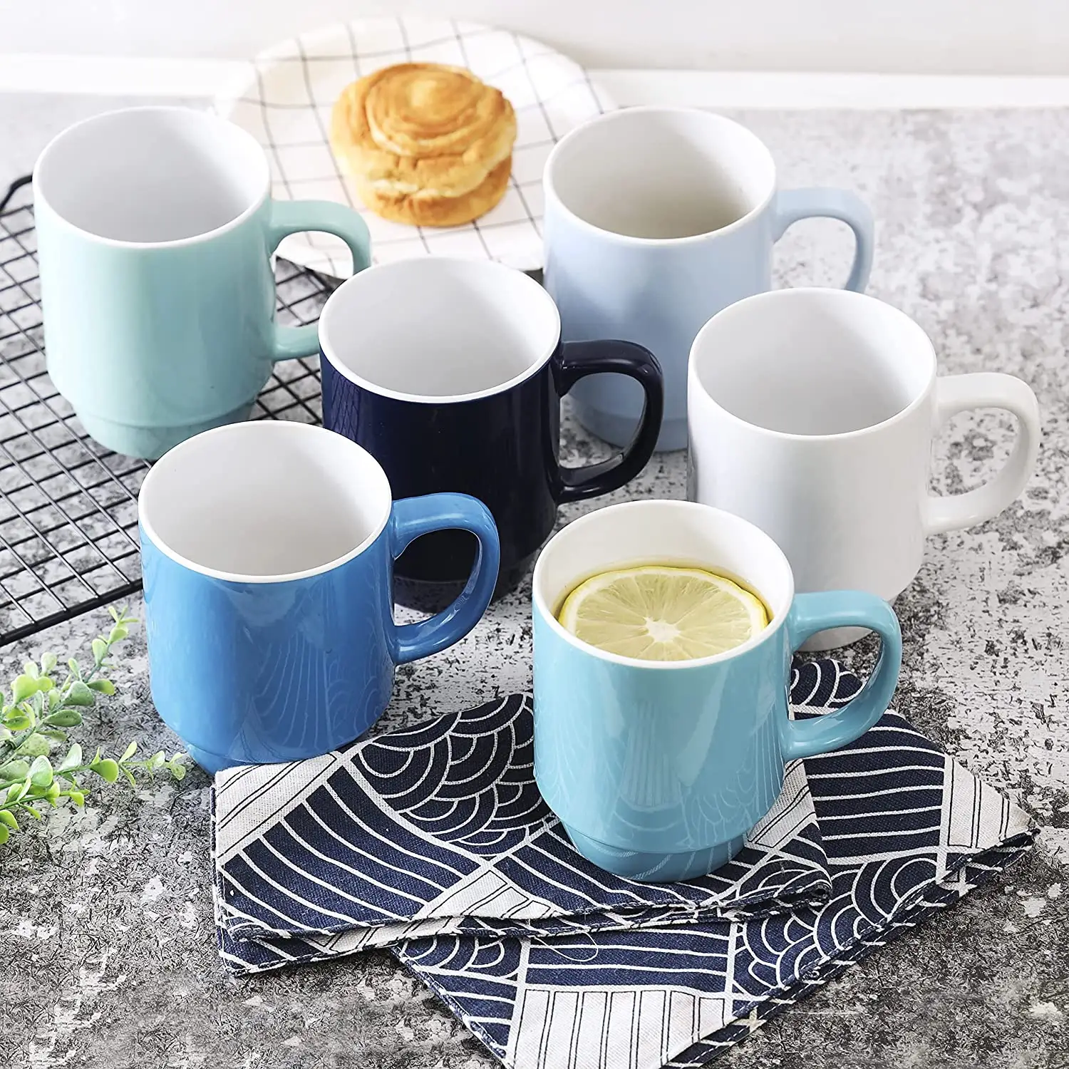 Nordic Stackable Full Glaze Coffee Mug Big Capacity Ceramic Cup With Handle Set of 4 With Rack