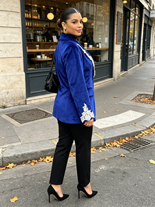 Elegante Blazer Azul de Terciopelo con Ribete de Encaje, Cuello con Muescas, Manga Larga, Ropa Exterior para Mujer, Abrigo Informal de Otoño - Product Image 2