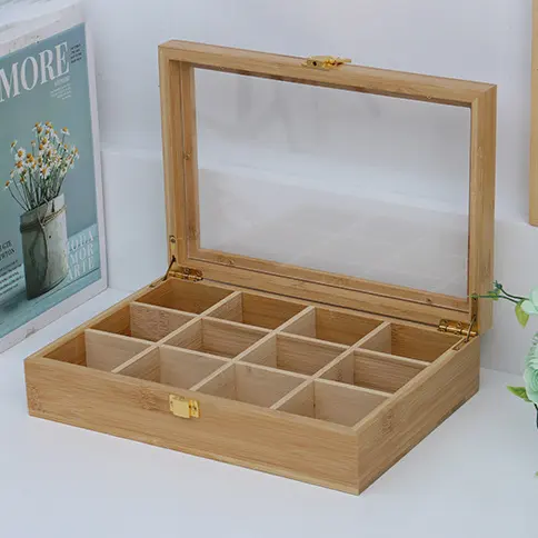 Natural Wood Bamboo Divided Tea Food Storage Organizer Container Box Wooden Holder Case