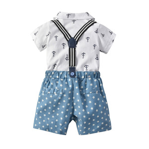 pequeños camisa blanca + pantalones azules, <span class=keywords><strong>traje</strong></span> <span class=keywords><strong>Caballero</strong></span> muchachos Bebé Ropa de verano conjunto del 4 de julio - Product Image 2