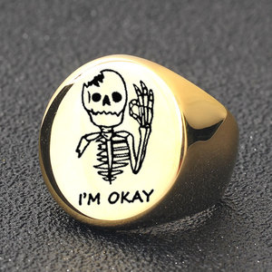 Anillo Esqueleto de 22MM, Acero Dorado Pulido, Grabado Láser 'I'M OKAY', Anillo de Moda para Hombre, Regalo - Product Image 3