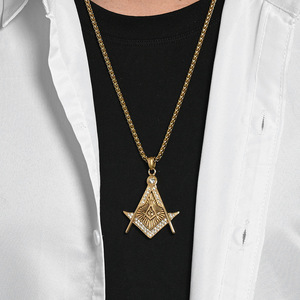Cross-border yunnique trendy <b>titanium</b> steel gold-plated diamond Freemason necklace for men, punk style, colorfast, - Product Image 3