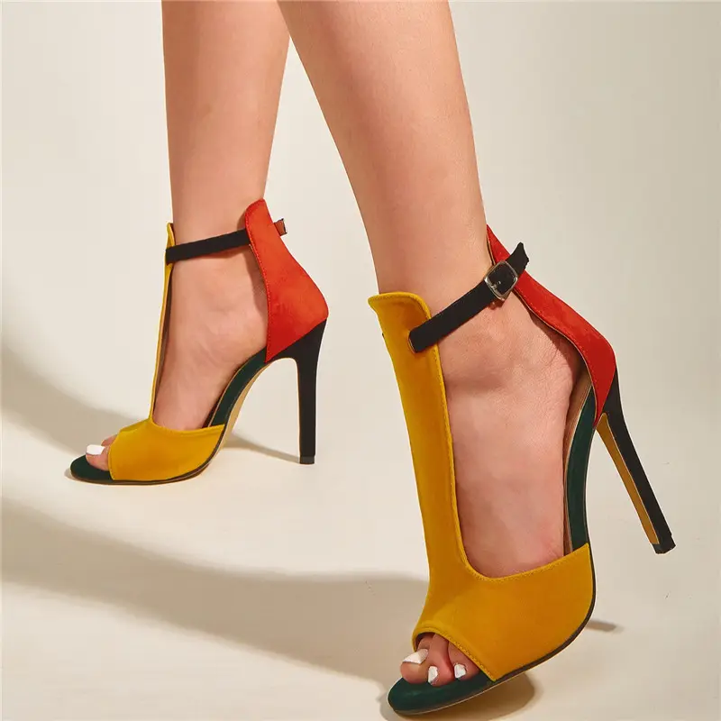 2022 Suede color matching fish mouth stiletto women's shoes large size high heel T-strap sandals