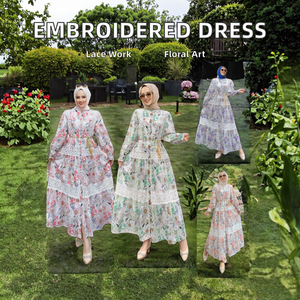 Modest Large Maxi <b>Abaya</b> <b>for</b> Muslim <b>Women</b> Winter Season Heavy Embroidery Rayon Lace Splicing Printing Lantern Sleeve Skirt - Product Image 2