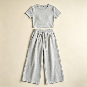 Conjunto Deportivo Informal de Verano 2026 para Niñas, Top Corto de Manga Corta de Color Sólido, <span class=keywords><strong>Pantalones</strong></span> Largos Anchos con Cordón, Conjunto de Dos Piezas - Product Image 3