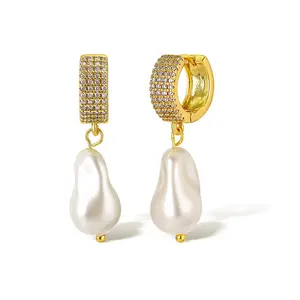 2023 Fashion 18K Gold Plated Retro Style Baroque Pearl Hoop Pendant Drop Earrings For Women