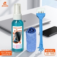 JEQANG JD-180 Kit de Nettoyage d'Écran Transparent 3-en-1 avec Spray, Liquide Anti-bactérien et Anti-statique, Brosse pour Interstices et Chiffon en Microfibre pour Écrans LCD