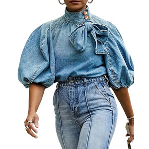 Camicette da donna Sexy in <span class=keywords><strong>Denim</strong></span> da donna alla moda a collo alto con maniche a sbuffo abiti autunnali da donna - Product Image 2