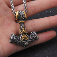 Collar con Colgante de Acero Inoxidable con Diseño Vikingo Nórdico Vintage, Triángulo de Odín, Runa Lunar y Martillo de Thor, Cadena de Bambú, Joyería Unisex de Moda
