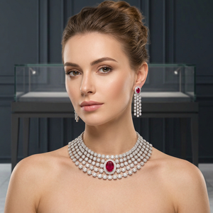 Elegant Brass <b>Silver</b> Plated CZ Cubic Zirconia <b>Choker</b> Necklace Dangle Earring Bridal Jewelry Set With Ruby Red Center Gem - Product Image 3