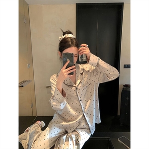 Seiden-Polka-Dot-<span class=keywords><strong>Pyjama</strong></span> für Damen, Einfacher Frühlings- und Herbst-<span class=keywords><strong>Pyjama</strong></span> im Französischen Stil, Hochwertiger Langarm-Schlafanzug mit Hose - Product Image 1