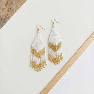 Gold Plated Bohemian White Mixed Metallic Miyuki Luxe Dangle <b>Earrings</b> Handwoven Cut Glass Beads Lead Cadmium Free Tassel <b>Earring</b> - Product Image 1