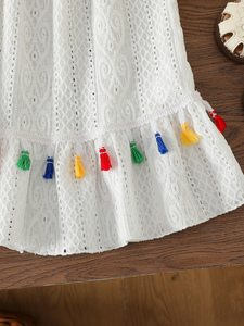 Vestito Estivo da Bambina Stile Principessa, Tinta Unita, Traspirante, Delicato, con Nappe e Gonna a Trapezio, con Bretelle - Product Image 4