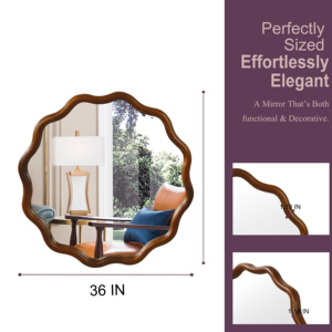 Black Walnut Color 36 Inch Wavy Round Solid Wood <b>Frame</b> Decorative <b>Mirror</b> For Bedroom Bathroom Living Room Entryway - Product Image 5