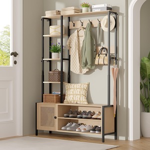 Usine multi-fonctionnel Hall arbre <span class=keywords><strong>banc</strong></span> stockage de chaussures et 9 crochets entrée <span class=keywords><strong>porte</strong></span>-<span class=keywords><strong>manteau</strong></span> tissé à la main rotin <span class=keywords><strong>porte</strong></span> armoire à chaussures - Product Image 6