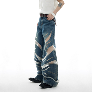 OEM ODM Custom <strong>Men</strong> Sheer Mesh Patchwork Jeans Claw Cutout <strong>See</strong> <strong>Through</strong> Baggy Denim <strong>Pants</strong> Y2K Rave Streetwear Trousers Wholesale - Product Image 3