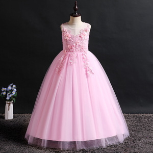 Robe de bal rose pour filles, robe de princesse pour demoiselle d'honneur, robe de fête de mariage avec appliques en dentelle, décolleté en cœur, longue et sans manches - Product Image 1