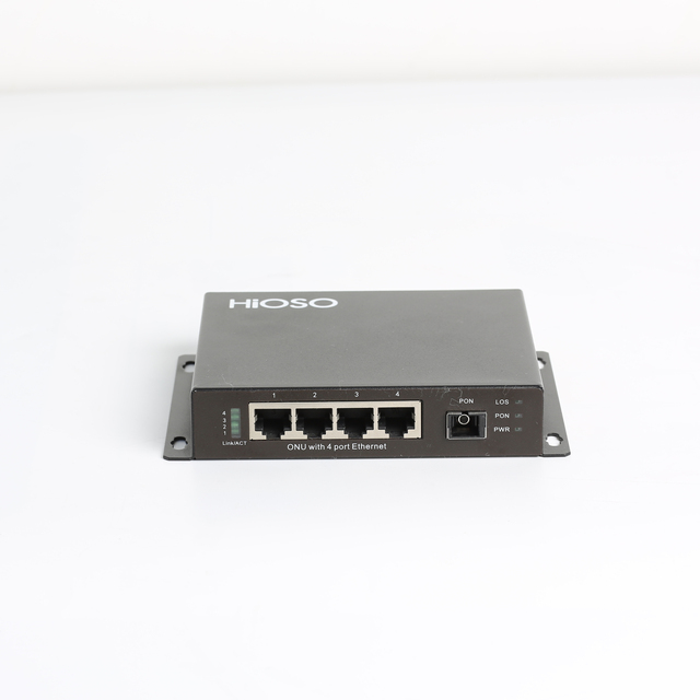 HiOSO GPON ONT has high quality wall mounted metal housing, supports GPON and EPON OLT provides 4 ports 100M RJ45 Ethernet ports