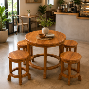 Ensemble de table à manger ronde en teck avec 4 tabourets confortables, meubles de salle à manger modernes et peu encombrants pour appartement et villa - Product Image 2