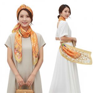 Écharpe longue en satin de soie à imprimé floral oriental orange doré pour femme, idéale comme foulard bohème et <span class=keywords><strong>ceinture</strong></span> de robe de plage - Product Image 1
