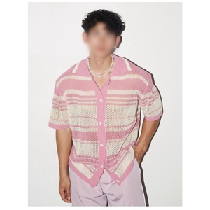 Cardigan décontracté à manches courtes en maille style américain pour homme, col polo, ajouré, rayé, style britannique, t-shirt professionnel - Product Image 5
