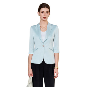Women's Light Blue Blazer 3/4 Sleeve Solid Color Breathable Polyester Summer Casual Elegant Style Mid Sleeve Suit Jacket - Product Image 5