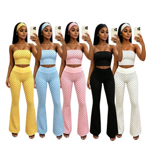 Ensemble <span class=keywords><strong>3</strong></span> pièces élégant pour <span class=keywords><strong>femme</strong></span> : haut bustier à pois avec logo personnalisé, pantalon évasé taille haute longueur cheville – <span class=keywords><strong>Tenue</strong></span> d'été - Product Image 1