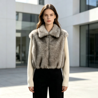 Veste Courte Élégante en Fausse Fourrure pour Femme, Taille et Couleur Personnalisables, Col Rabattu, Manches en Tricot Côtelé, Vêtement d'Extérieur Chaud pour Dames – Vente en Gros