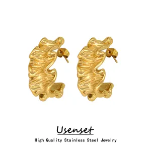 USENSET-Pendientes de aro de acero inoxidable con curva libre de deslustre, oro y plata, elegante, texturizado, en forma de cinta metálica C, proveedores de joyería
