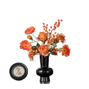 Arrangement de fleurs artificielles orange en vase, coquelicots en soie, fruits porte-bonheur, décorations de fête du Nouvel An - Product Image 5