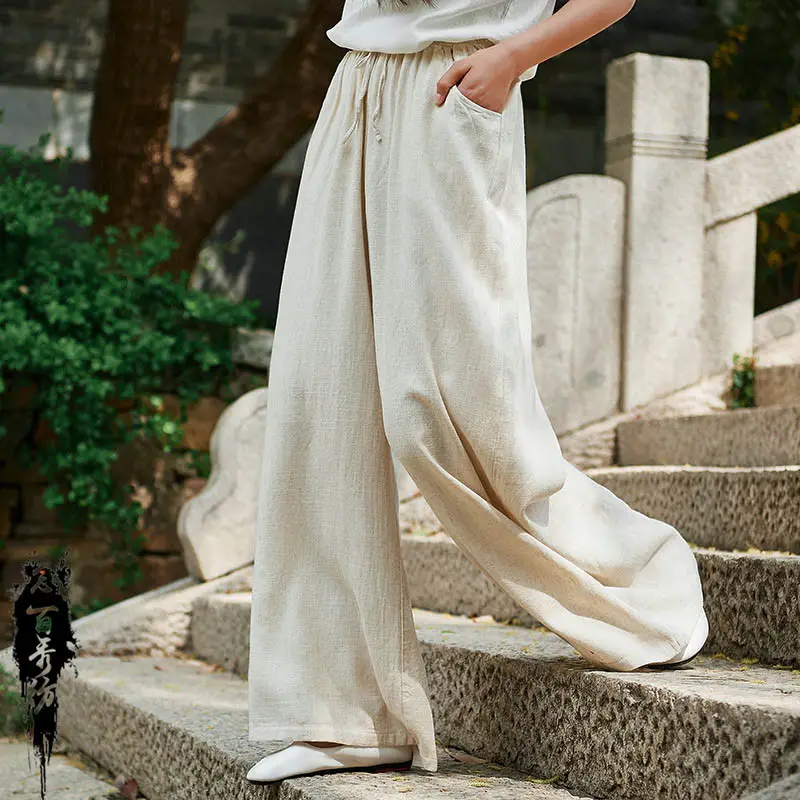 New Design Custom Logo High Quality Clothing Cotton Linen High Waist Solid Color Beige Trousers Women Wide Leg Pants