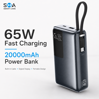Batterie externe étanche 20000 mAh avec charge rapide PD 65W, logo personnalisé, câble USB-C intégré et affichage numérique – Vente en gros usine