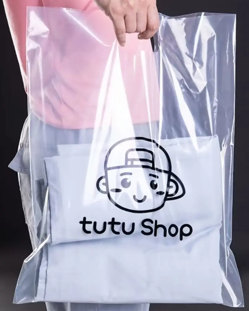 OEM ODM Custom Die Cut Printed Merchandise Punch Clear Plastic Shopper Ldpe Hdpe Handle Bag Merchandise Punch