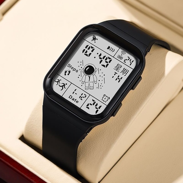 Men's Fashion Sport Digital Watch LED Display Luminous Square Shape Rubber Band Smart Astronaut Design-for Youth Male Female