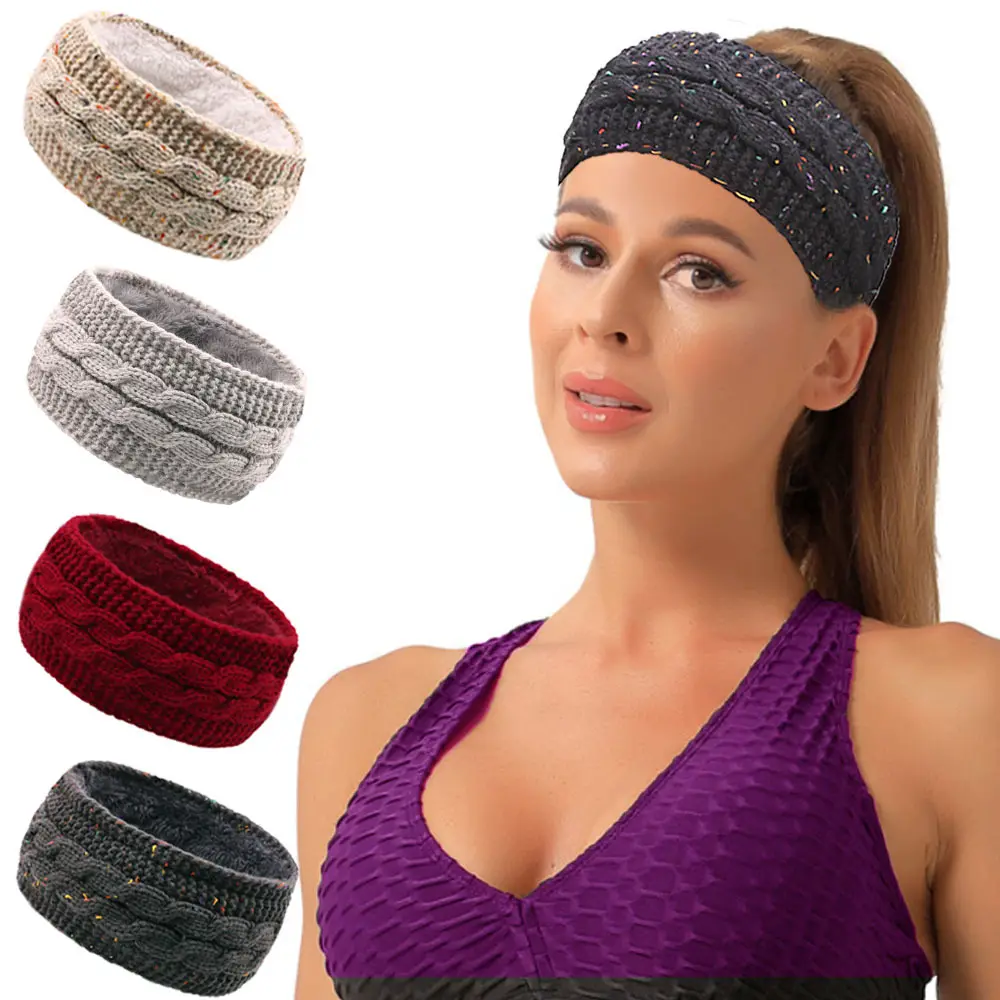 S012 Women Soft Stretch Winter Warm Cable Knit Fuzzy Lined Ear Warmer Headband Fuzzy Fleece Lined Thick Warm Crochet Hairband