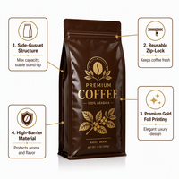 Sachet Doypack Personnalisé 1kg pour Grains de Café avec Fermeture Éclair, Fond Plat et Finition Mate – Idéal pour Grains de Café Torréfiés Espresso