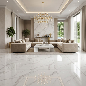 Carreaux de porcelaine rectifiés effet marbre blanc brillant 60x60 pour sol, style moderne - Product Image 4