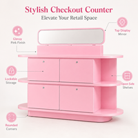 Comptoir de présentation en métal rose de luxe sur mesure avec miroir, tiroirs verrouillables, étagères incurvées, armoire de rangement esthétique
