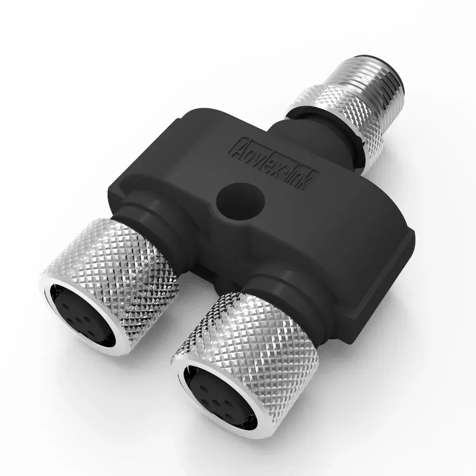 Y-Splitter adapter M12 plug to 2x M12 socket 5-pin A-coded with self-locking threaded joint.