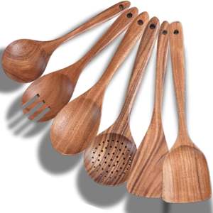 Ustensiles de cuisine en bois faits à la main, écologiques, durables, de qualité alimentaire, 6 pièces, ustensiles de cuisine en bois de teck naturel, ensemble de spatules et de cuillères - Product Image 6