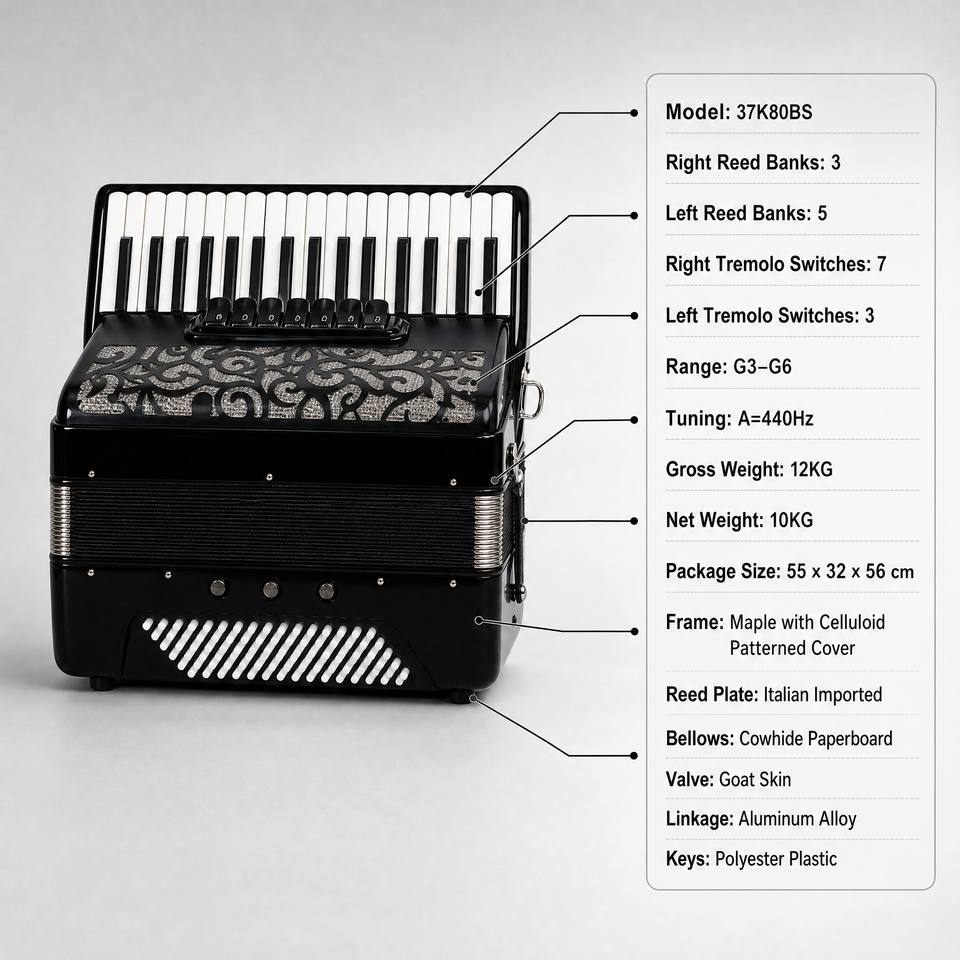 37K80BS 37 Key 80 Bass Piano Accordion, Italian Imported Reed Plate ...