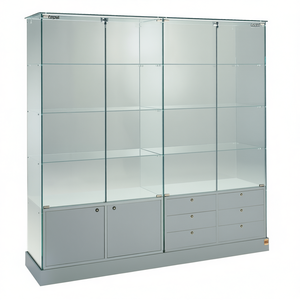 Vitrine 142x46xh180 cm gris clair avec portes en verre trempé, étagères et tiroirs verrouillables - Product Image 2