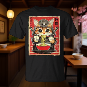 T-shirt japonais Samurai Ninja Cat Eating Ramen, noir, unisexe, taille adulte - Product Image 3