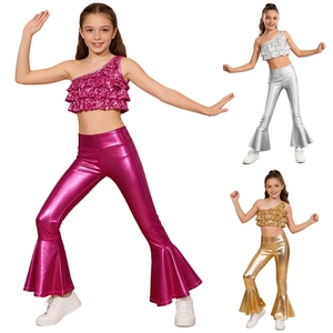 6-16 Kids Girls Stage Costumes <b>Dance</b> Performance Costume Crop Top With Bell-Bottom Metallic <b>Pants</b> Sets Stage Show Themed Parties - Product Image 1