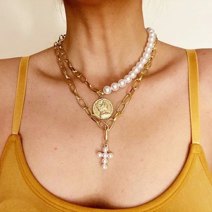 Gold Filled Tiny Virgin Mary With Cross Necklace Medallion Pearl Coin Pendant Religious Catholic Chain Necklace - Product Image 2