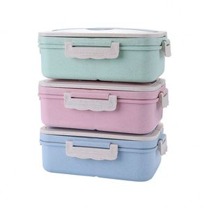 Boîte à bento micro-ondable avec poignée, 3 compartiments, récipient alimentaire rectangulaire divisé, boîte à lunch en paille de blé - Product Image 1