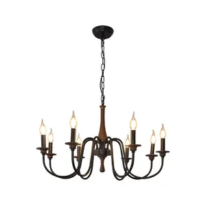 Lustre LED rustique en <span class=keywords><strong>bois</strong></span> vieilli et fer forgé, style campagnard français, avec pampilles en forme de bougies, angle de faisceau 360°, pour salon - Product Image 5