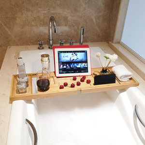 Bamboo Bathtub Shelf Telescopic Non Slip Bath Rack Rectangle Multi Functional <b>Tablet</b> Phone <b>Holder</b> Freestanding - Product Image 2