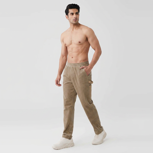 Pantalones Cargo de Pana para Hombre con Cintura Elástica y Múltiples Bolsillos, Corte Holgado Informal, Rectos, con Rayas Curvas - Product Image 1